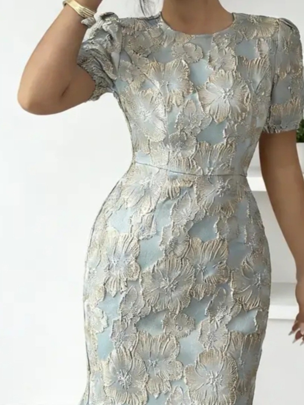Blue Midi Dress with Gold Floral Embroidery - Picture 1 of 1